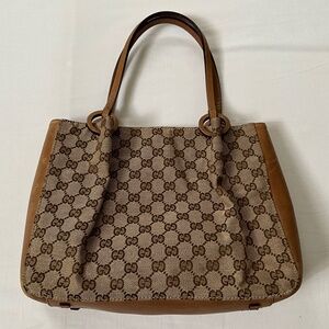 GUCCI Vintage GG Canvas Leather Tote Brown